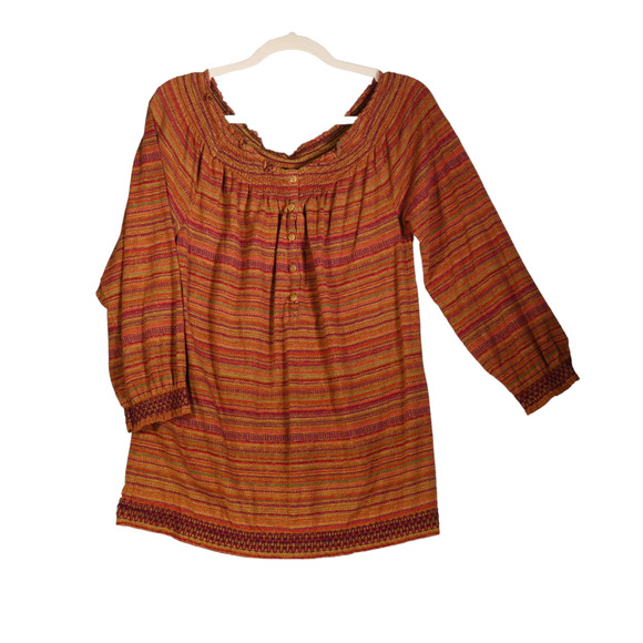 Lauren Ralph Lauren Knit Top Womens Size M Brown Smocked Button Detail Boho - Picture 1 of 10